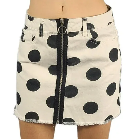 Polka Dot Black and White Forever 21 Zip Up Wrap Denim Mini Skirt Women's Size 6 - Picture 1 of 4